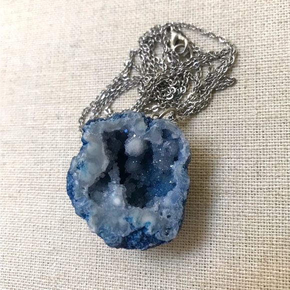 Dyed Blue Druzy Geode Pendant Necklace with Antique Silver Chain - Picture 2 of 4